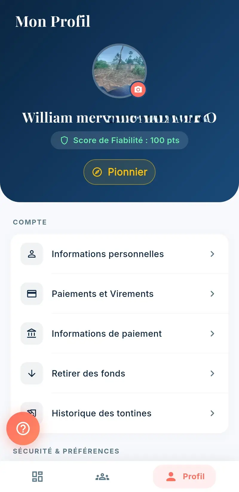 Profil utilisateur – Tontinéo